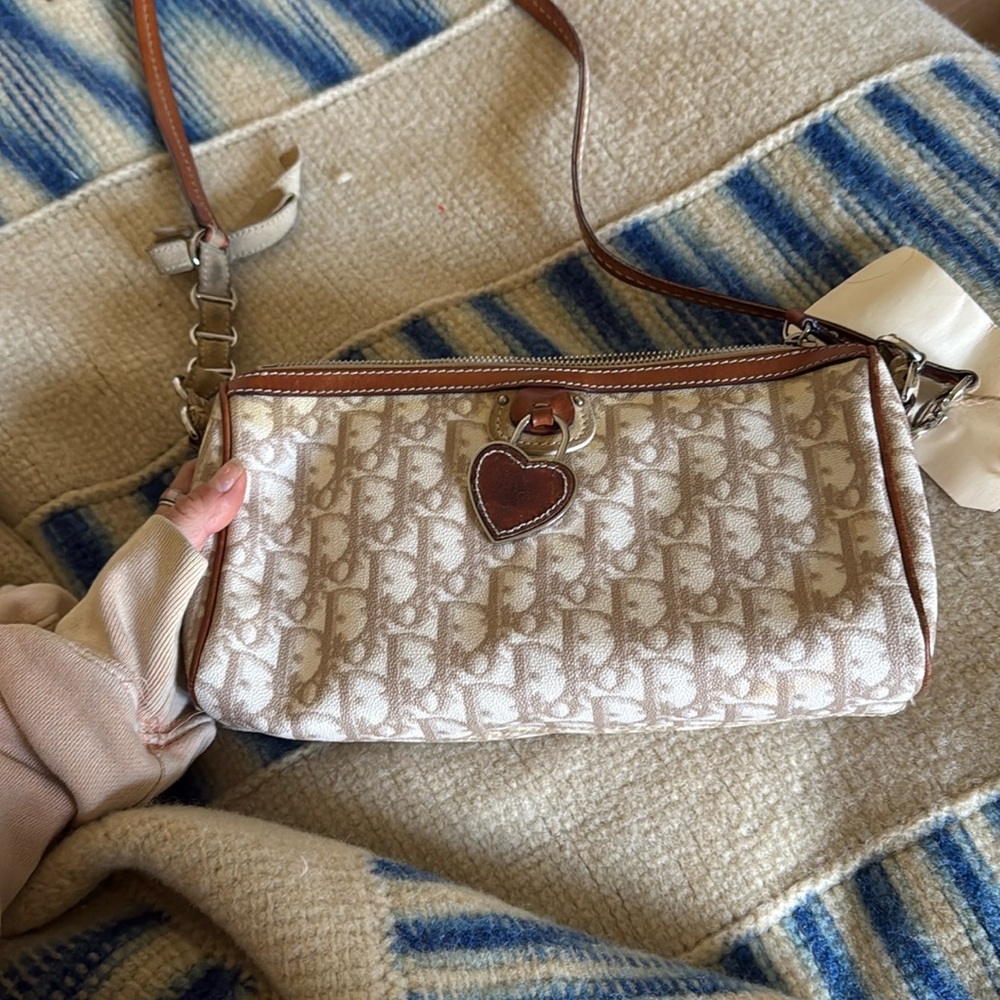 CHRISTIAN DIOR Trotter Canvas Shoulder Bag Beige